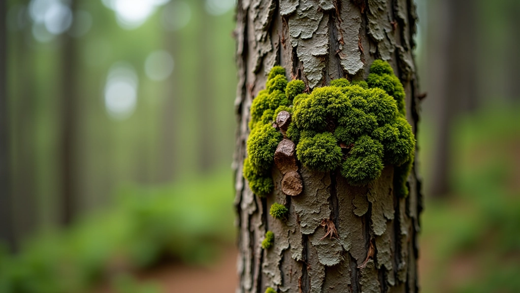 Close-up of pine tree bark with moss and lichen growth, natural forest texture and detail