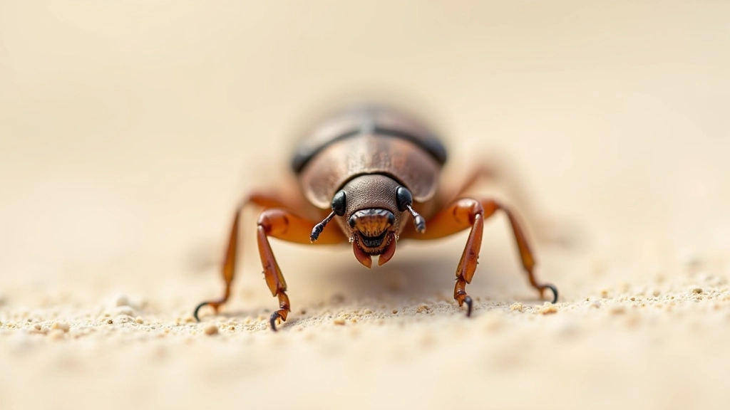 Detailed macro photography of sand beetle or dune insect on light sand surface showing texture and adaptation details