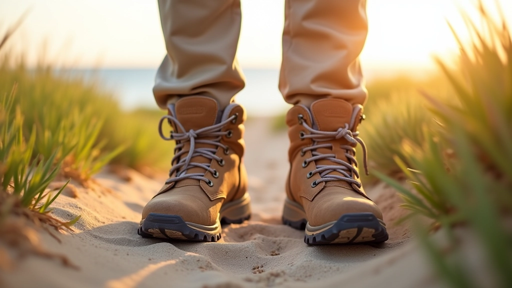 Close-up of hiking boots on sandy path with dune vegetation and sea view in background