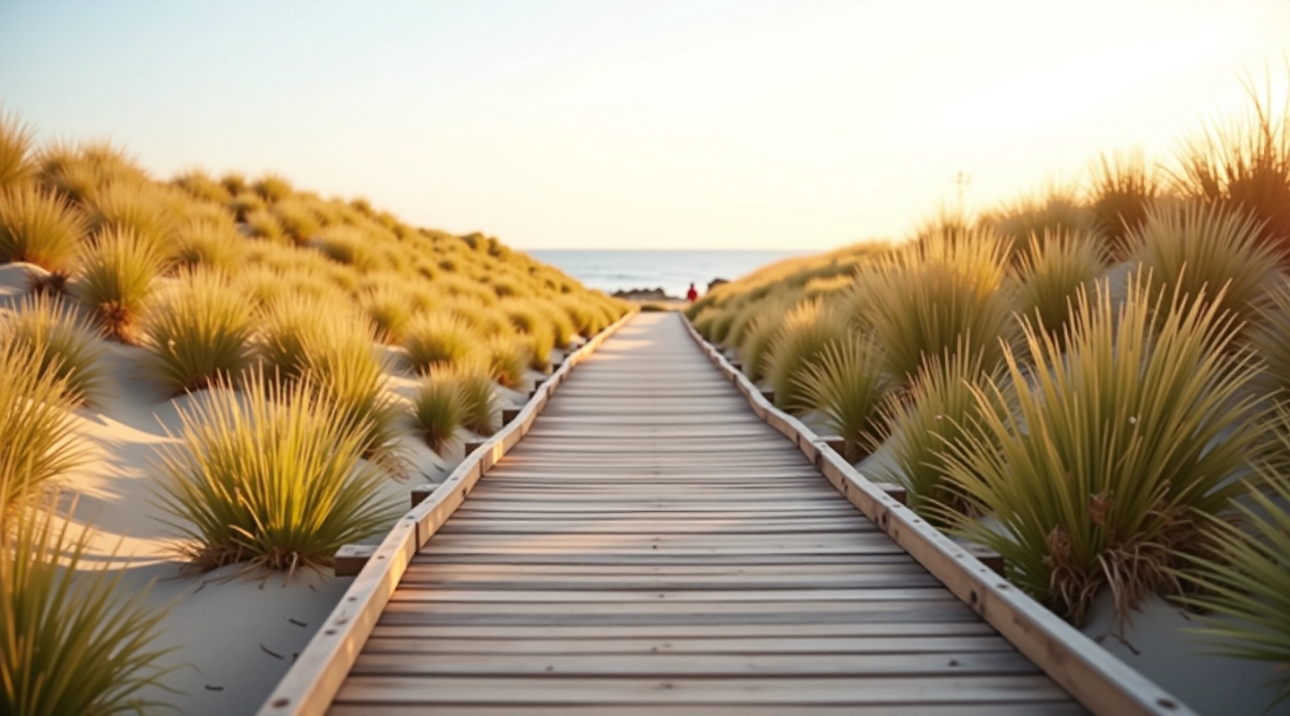 Wooden boardwalk path winding through golden sand dunes with tall beach grass on both sides