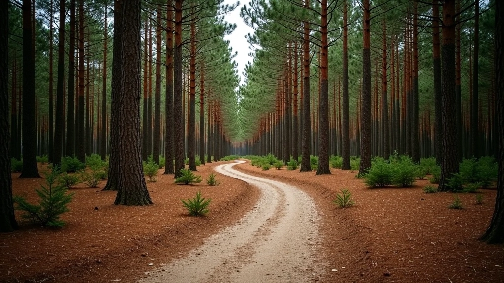 Forest path with soft earth surface and scattered pine needles, winding between tall tree trunks into distance