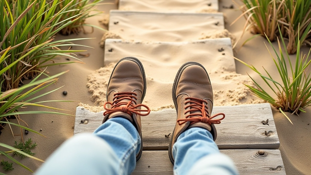 Close-up of hiking boots on sandy dune path with wooden steps and beach grass