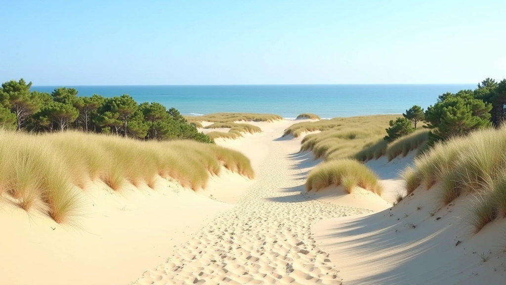 Scenic coastal landscape with dunes, pine forest, and Baltic Sea visible under clear sky