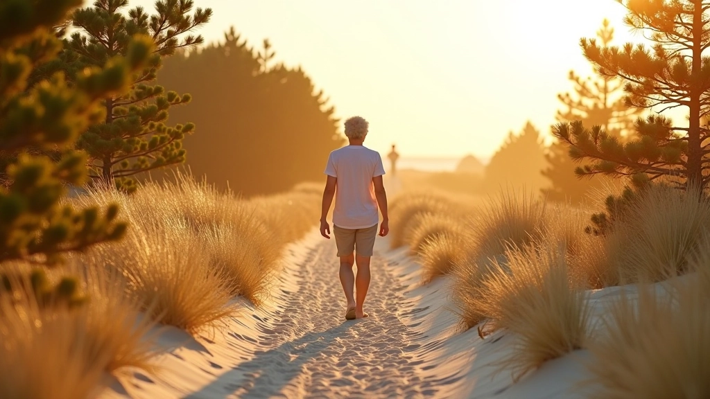 Experienced walker on coastal dune path through Curonian Spit pine grove, gentle terrain