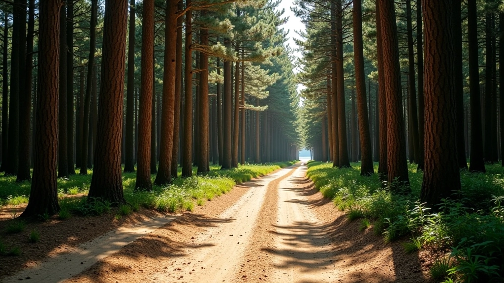Pine forest pathway with tall trees and soft ground covered in fallen needles