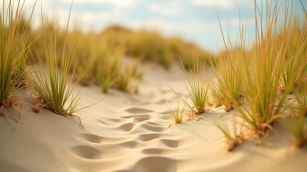Close-up detail of marram grass and sand dune texture with natural patterns