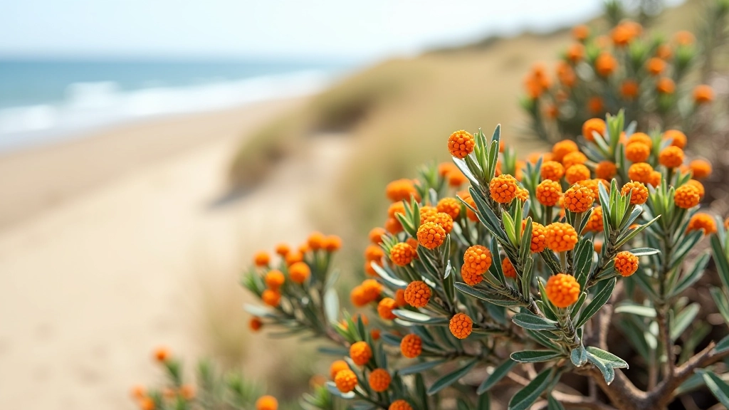 Sea buckthorn shrub with distinctive orange berries and silvery-green foliage growing on coastal dune slope
