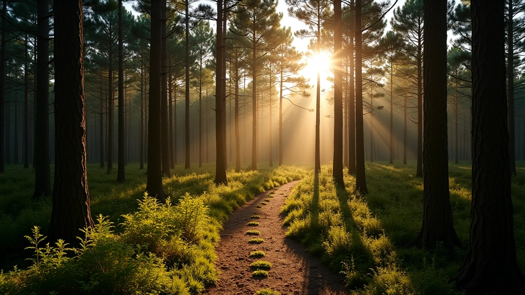 Sunlight filtering through dense pine forest canopy creating dappled light patterns on forest floor