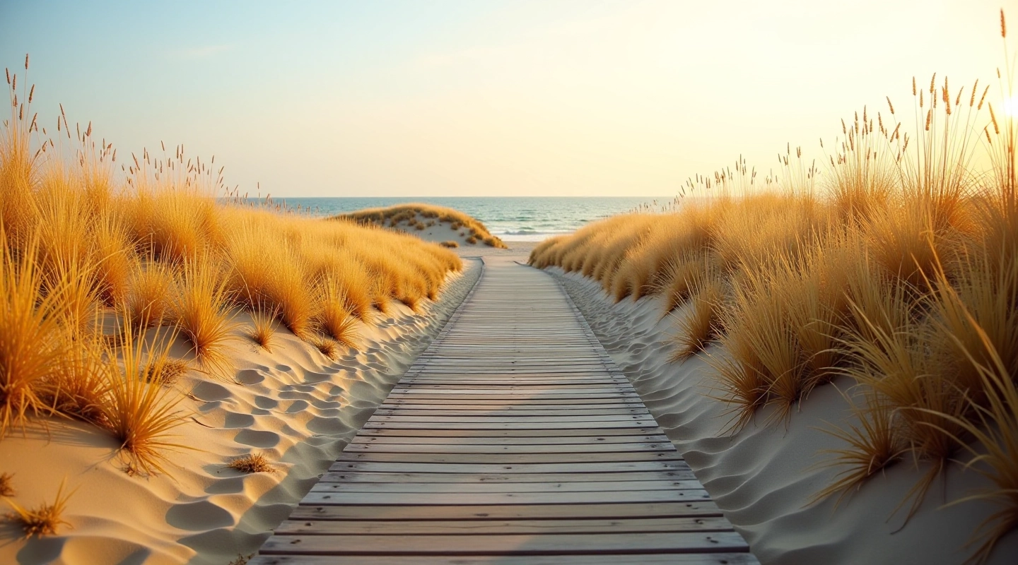 Wooden boardwalk winding through golden sand dunes with beach grass and Baltic Sea horizon
