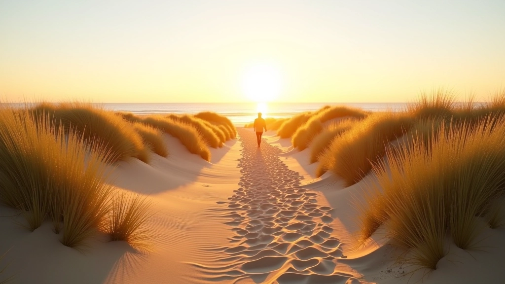 Wide angle view of dune crest path with person in distance, golden hour light, long shadows on sand