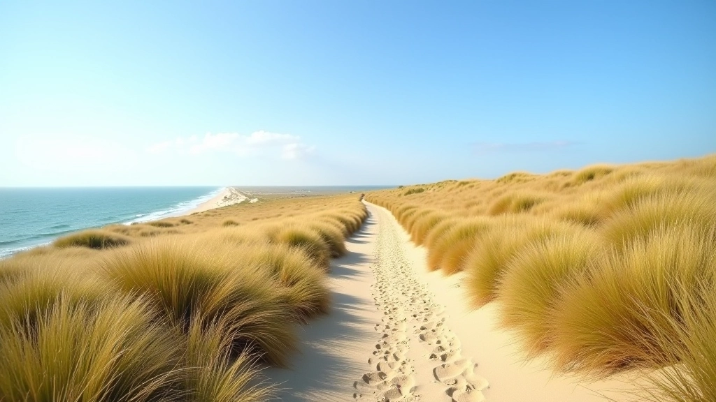 Sandy dune ridge path stretching toward horizon with Baltic Sea visible on both sides, wind-swept marram grass