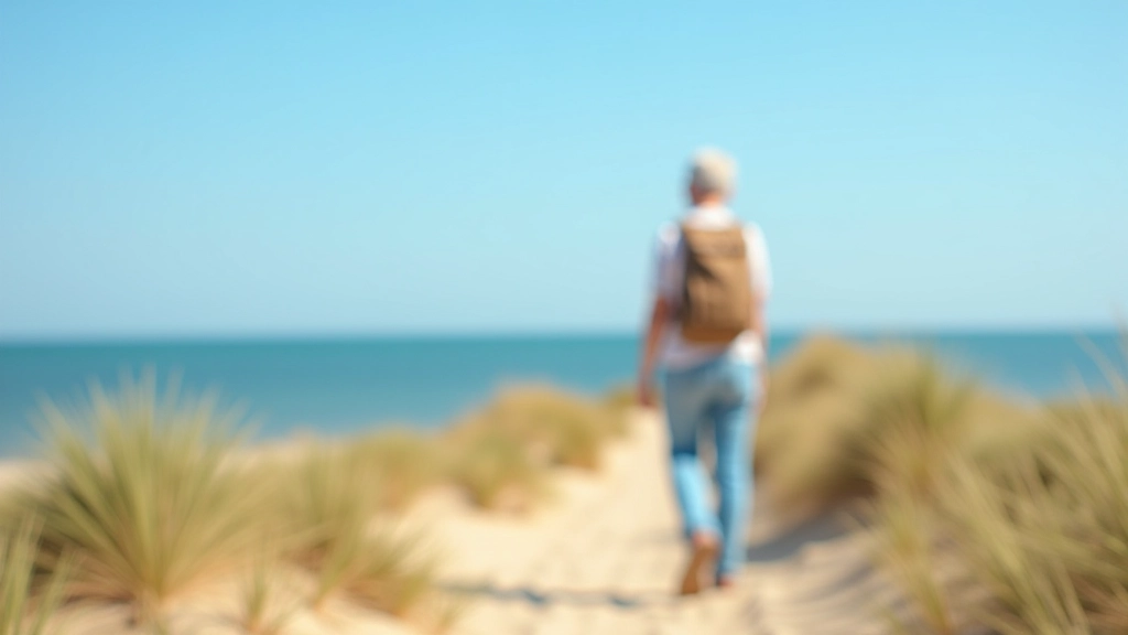 Person standing on top of sandy dune ridge looking toward the Baltic Sea horizon, clear blue sky above