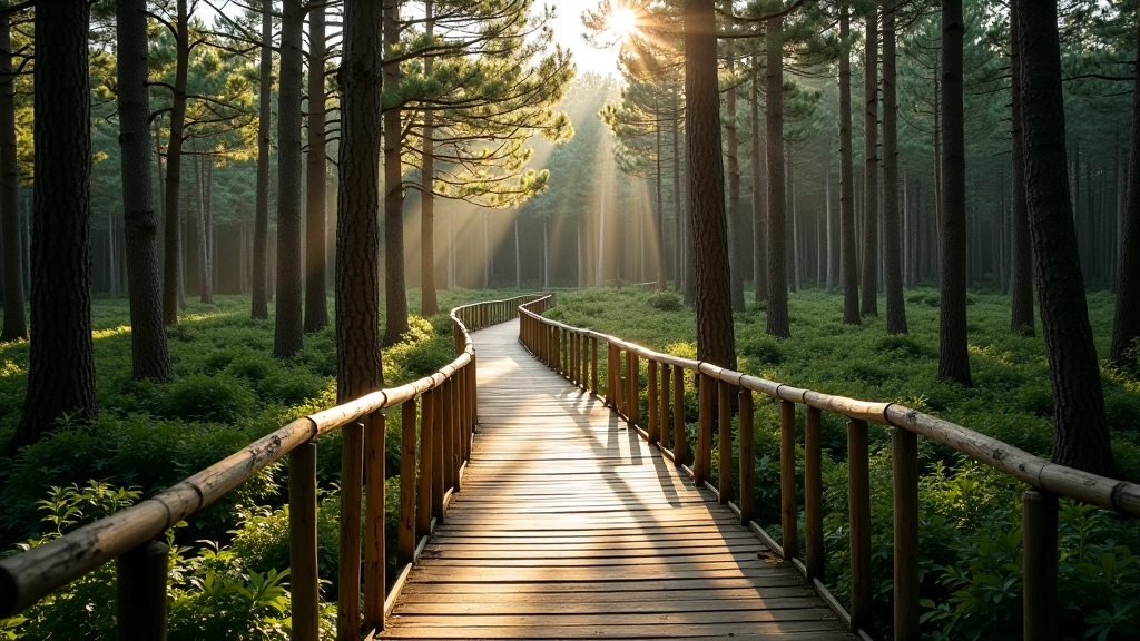 Wooden footbridge crossing through dense pine forest with filtered sunlight, peaceful woodland setting